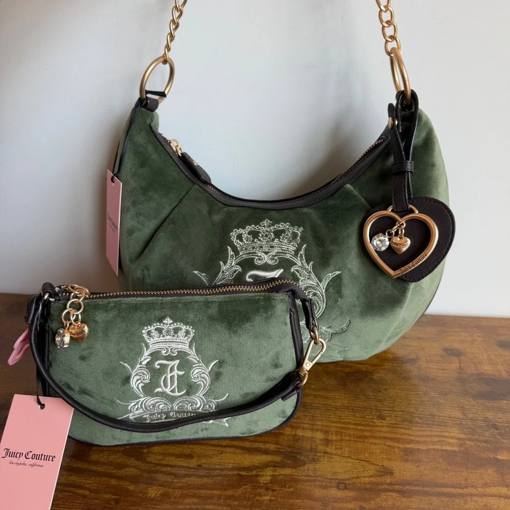 New Juicy Couture Need More Green Brown Shoulder Hobo Handbag Wristlet Set Y2K